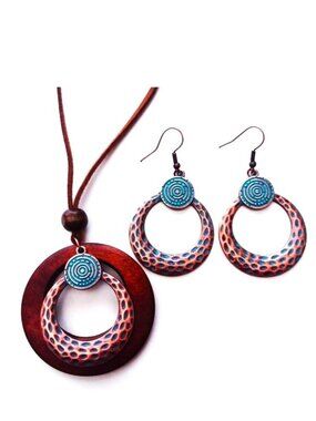 Necklace Earrings Copper 3pc Wood Leather Dangle Boho Fashion Trendy Stylish Fun